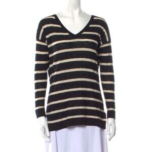 Vince Women's Reverse Knit Black Cream Breton Stripe V-neck Sweater Cotton XS